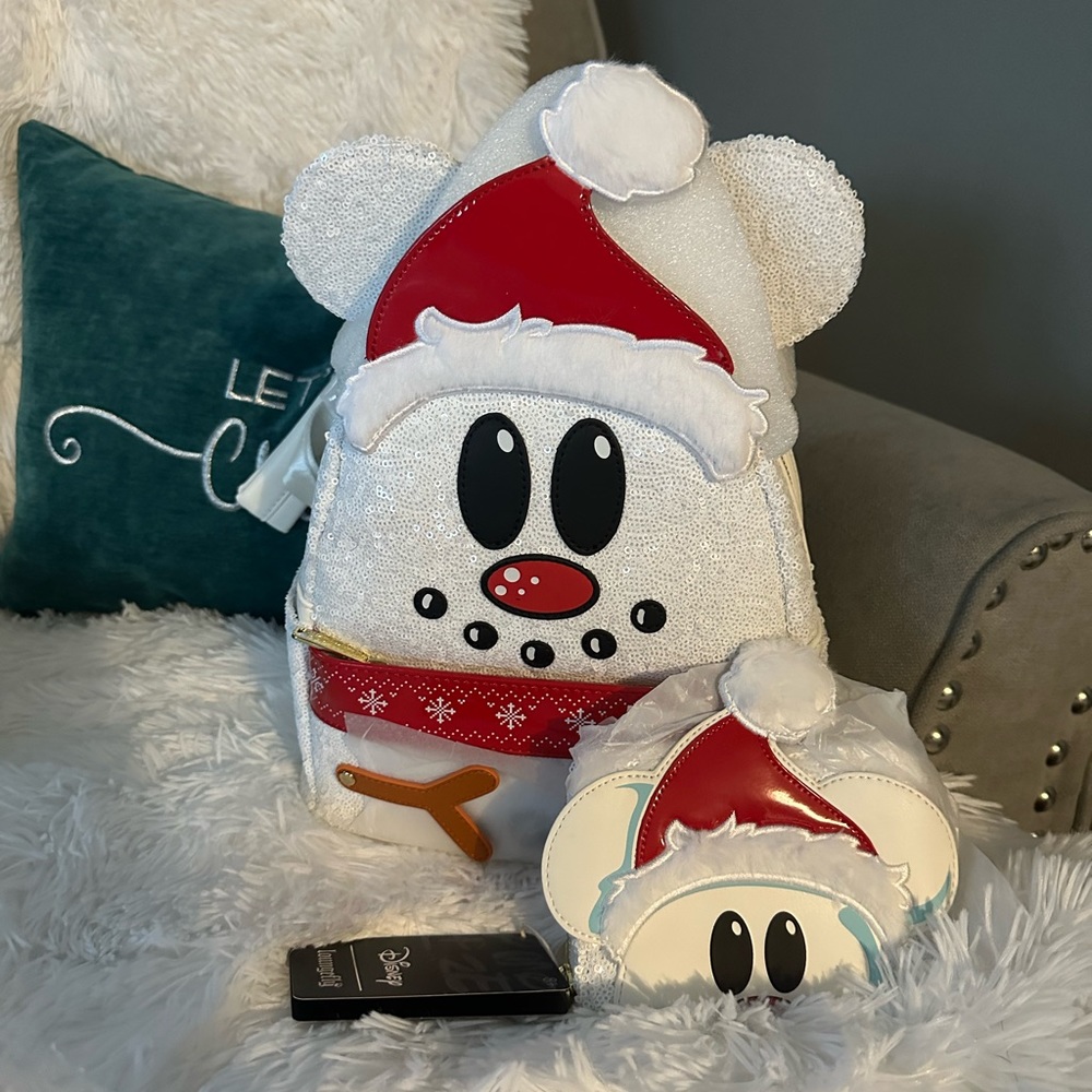 ⛄️ Disney Loungefly Mickey Mouse Snowman Sequin Mini Backpack Wallet Set ❄️⛄️